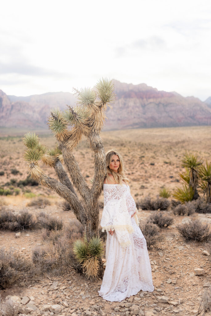 Maternity portrait in white lace dress standing near Joshua tree at Red Rock Canyon