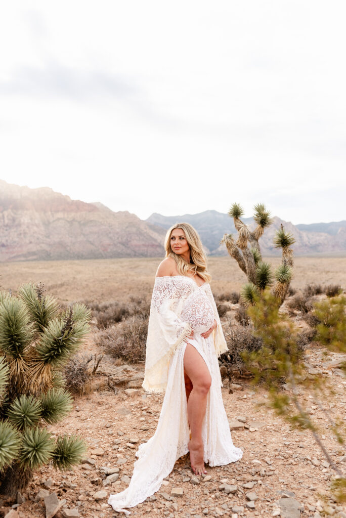 Maternity portrait in white lace dress standing in desert with mountains in the distance